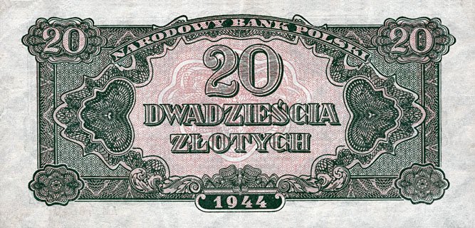 Banknoty Monety Numizmatyka Filatelistyka - PolandP112-20Zlotych-1944-donatedtj_b.jpg