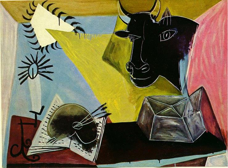 Picasso 1938 - Picasso Nature morte avec tte de taureau, livre, palette et.jpg